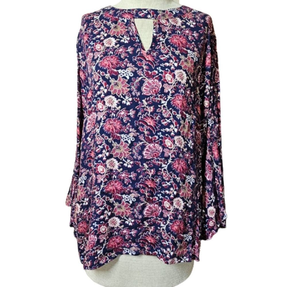 Black Floral Bell Sleeve Blouse Size Large